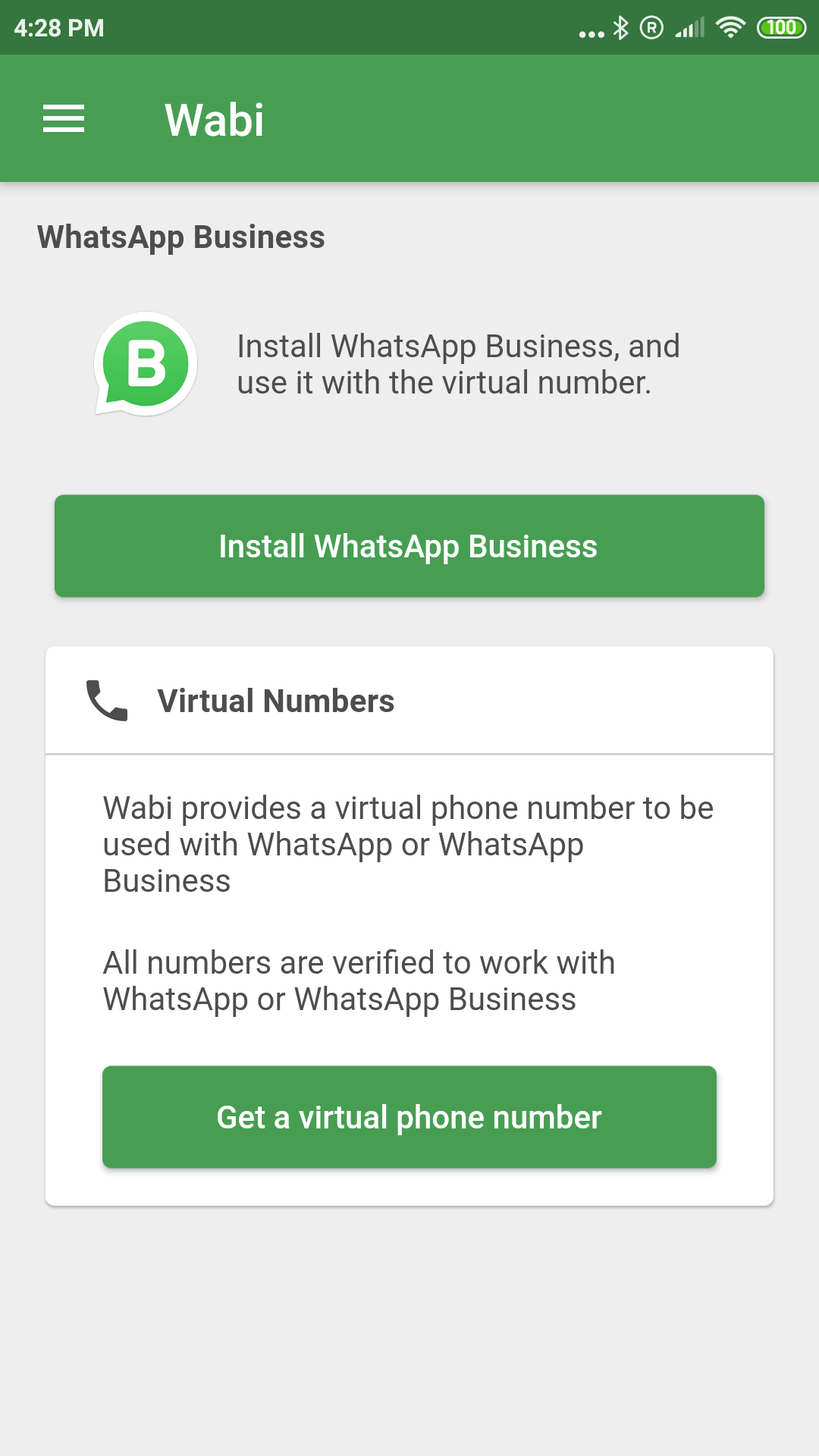 Wabi app home: install WhatsApp Business and get a virtual phone number