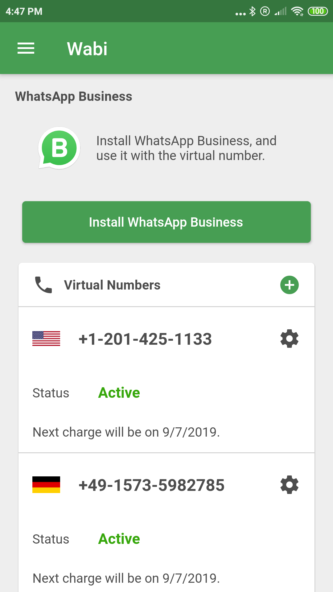 Wabi app screen: your virtual numbers active for WhatsApp Business