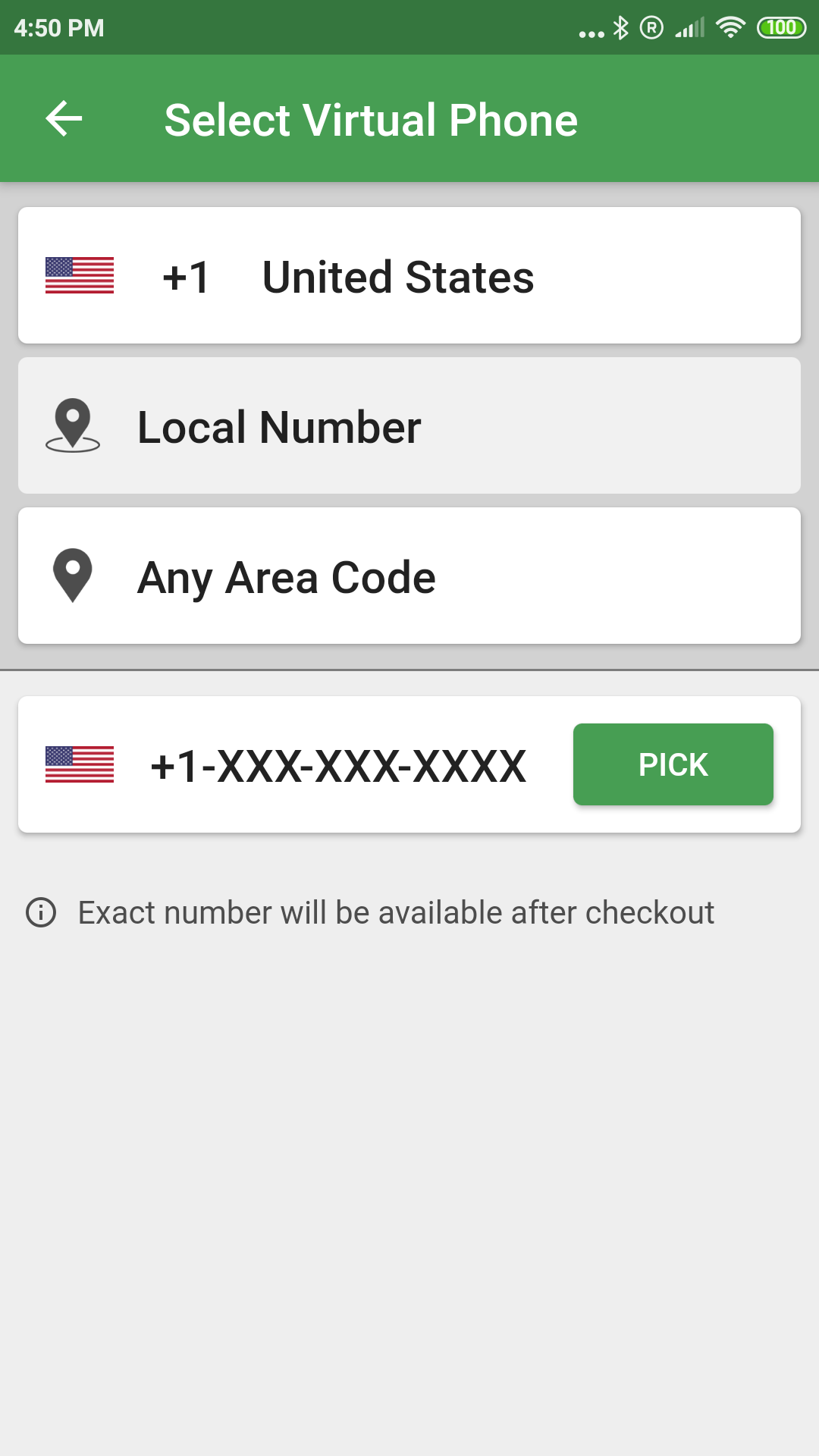Wabi app screen: pick a US number by area code